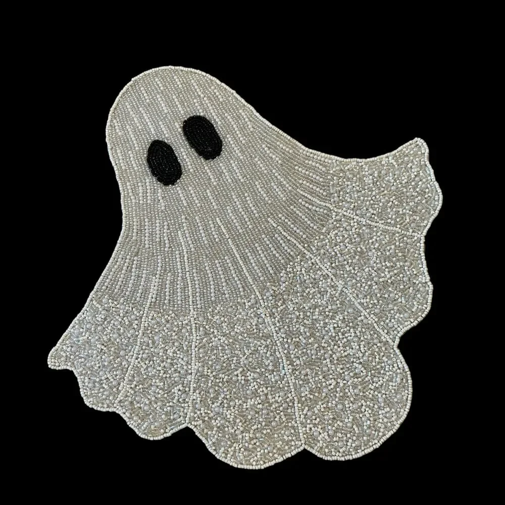 Christian Siriano Halloween Ghost Beaded Placemat 16in White Silver Glam New